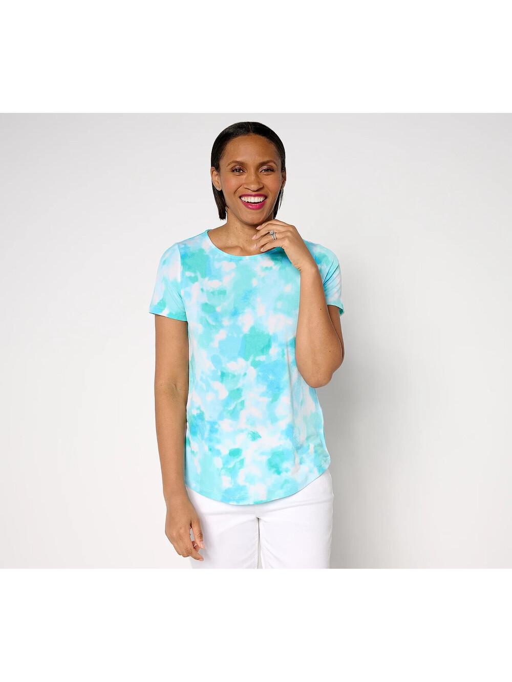 Susan Graver Printed Liquid Knit Cap Pullover Sleeve Crew-Neck Top Aqua, Size 2X